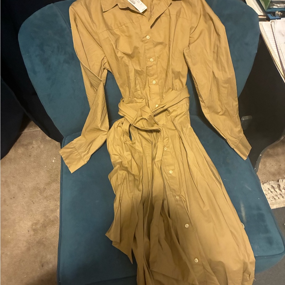 J. Crew Camel Button-Front Maxi Shirt Dress with Waist Tie